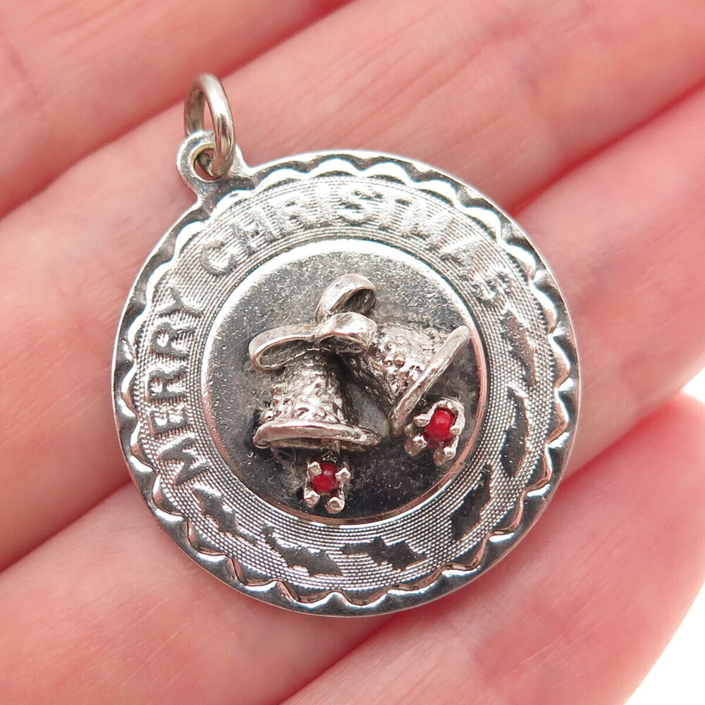 ELCO 925 Sterling Silver Vintage Rhinestone Engraved Merry Christmas Pendant